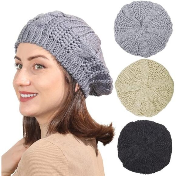 3 Pieces Women's Soft Lightweight Crochet Hats Ribbed French Berets Hat